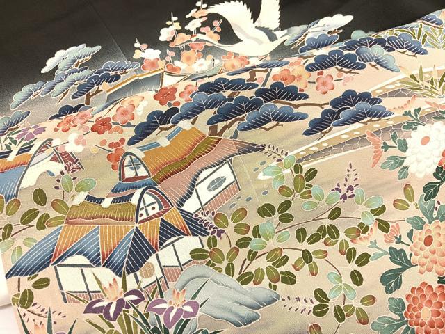 平和屋着物■豪華黒留袖　友禅　作家物　飛鶴風景文　暈し染め　正絹　逸品　BAAW7599hv