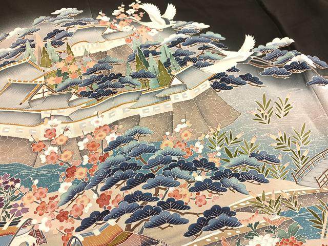 平和屋着物■豪華黒留袖　友禅　作家物　飛鶴風景文　暈し染め　正絹　逸品　BAAW7599hv