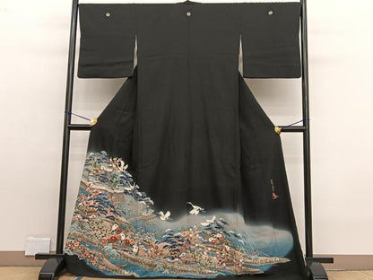 平和屋着物■豪華黒留袖　友禅　作家物　飛鶴風景文　暈し染め　正絹　逸品　BAAW7599hv
