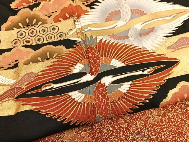平和屋着物■豪華黒留袖 駒刺繍 双鶴松文 金彩 正絹 逸品 BAAW7859hv