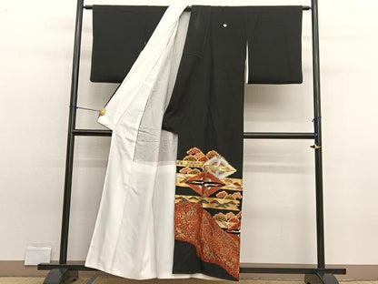 平和屋着物■豪華黒留袖 駒刺繍 双鶴松文 金彩 正絹 逸品 BAAW7859hv