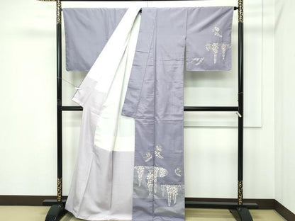 平和屋本店●極上 山口美術織物 皇室 伊勢神宮御用 西陣織 訪問着 紬地 総刺繍 藤花房 花喰い鳥 紫鼠色地 逸品 未使用 CZAA5578s6
