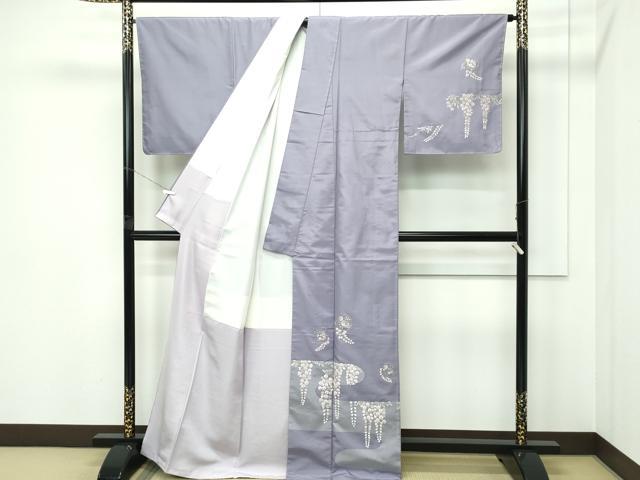 平和屋本店●極上 山口美術織物 皇室 伊勢神宮御用 西陣織 訪問着 紬地 総刺繍 藤花房 花喰い鳥 紫鼠色地 逸品 未使用 CZAA5578s6
