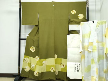 平和屋本店●極上 銀座 志ま亀 訪問着・長襦袢セット 市松草花丸文 璃寛茶色地 伊と幸 反端・たとう紙付き 逸品 未使用 CZAA5580s6