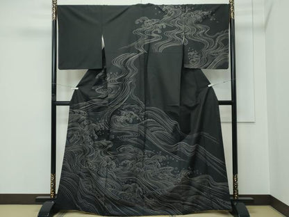 平和屋本店●極上　訪問着　本場大島紬地　総刺繍　刺し子　立波文　逸品　CZAA5596s6