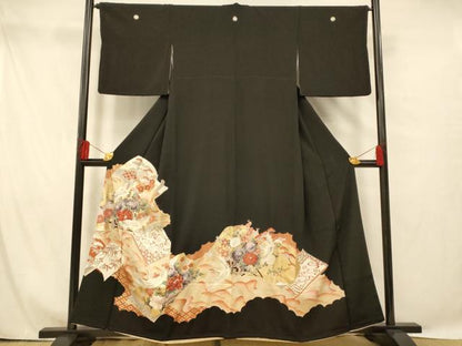 平和屋着物■豪華黒留袖　飛鶴冊子文　金彩　正絹　逸品　AABG9802fw