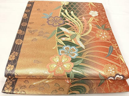 平和屋着物◎六通柄袋帯　唐織　鳳凰花文　金糸　正絹　逸品　AABG2448yx