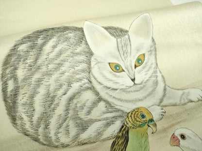平和屋着物●九寸開き名古屋帯　作家物　手描き　猫　インコ　ますいわ屋扱い　正絹　逸品　DABD1732ps