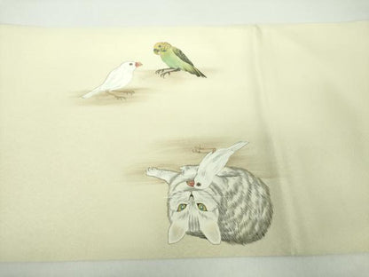 平和屋着物●九寸開き名古屋帯　作家物　手描き　猫　インコ　ますいわ屋扱い　正絹　逸品　DABD1732ps