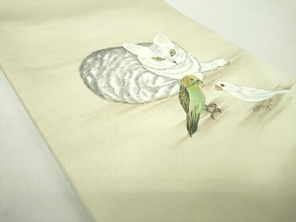平和屋着物●九寸開き名古屋帯　作家物　手描き　猫　インコ　ますいわ屋扱い　正絹　逸品　DABD1732ps