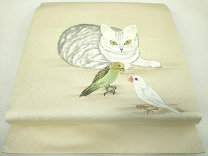 平和屋着物●九寸開き名古屋帯　作家物　手描き　猫　インコ　ますいわ屋扱い　正絹　逸品　DABD1732ps