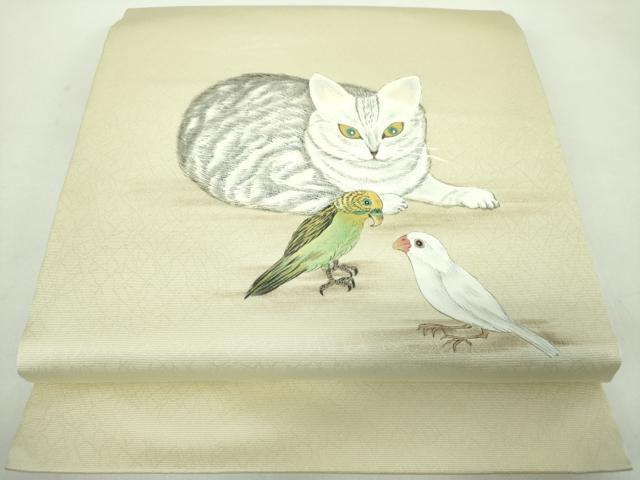 平和屋着物●九寸開き名古屋帯　作家物　手描き　猫　インコ　ますいわ屋扱い　正絹　逸品　DABD1732ps