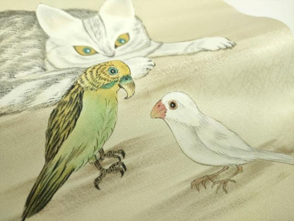 平和屋着物●九寸開き名古屋帯　作家物　手描き　猫　インコ　ますいわ屋扱い　正絹　逸品　DABD1732ps