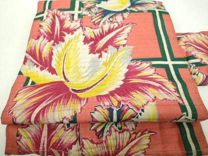 平和屋着物＊夏物　アンティーク　大正ロマン　九寸名古屋帯　絽縮緬　刺繍　大輪の花　正絹　逸品　DABD1795ps