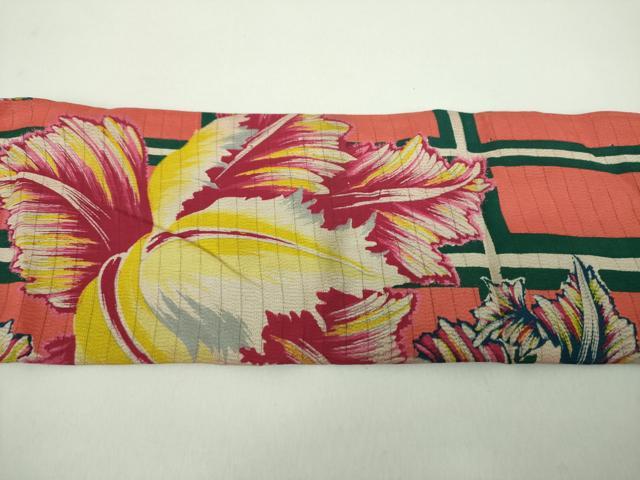 平和屋着物＊夏物　アンティーク　大正ロマン　九寸名古屋帯　絽縮緬　刺繍　大輪の花　正絹　逸品　DABD1795ps