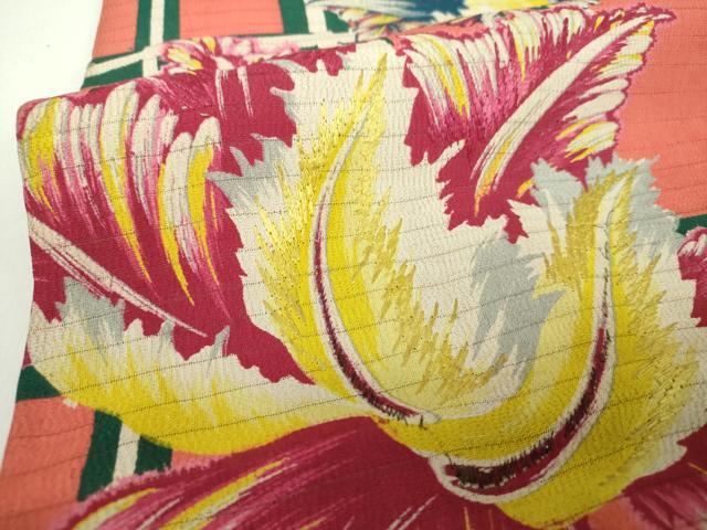 平和屋着物＊夏物　アンティーク　大正ロマン　九寸名古屋帯　絽縮緬　刺繍　大輪の花　正絹　逸品　DABD1795ps