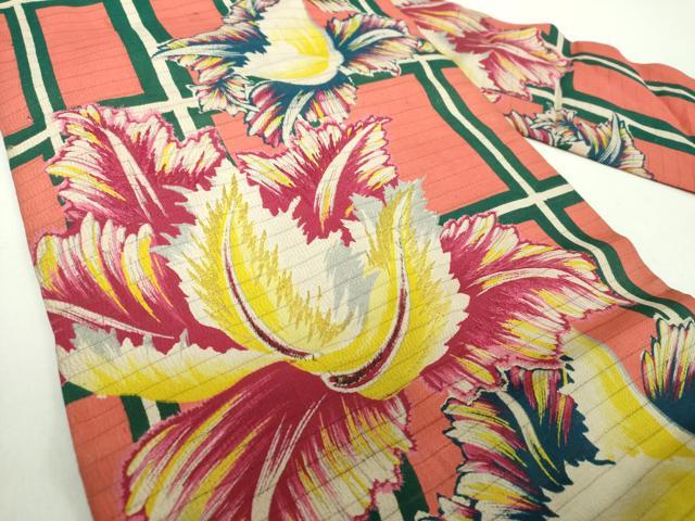 平和屋着物＊夏物　アンティーク　大正ロマン　九寸名古屋帯　絽縮緬　刺繍　大輪の花　正絹　逸品　DABD1795ps
