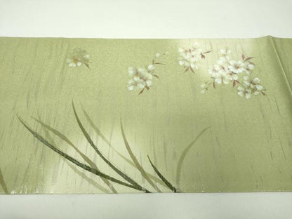 平和屋着物●九寸開き名古屋帯　作家物　手描き　芝文　銀通し地　正絹　逸品　DABD1782ps