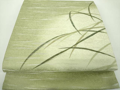 平和屋着物●九寸開き名古屋帯　作家物　手描き　芝文　銀通し地　正絹　逸品　DABD1782ps
