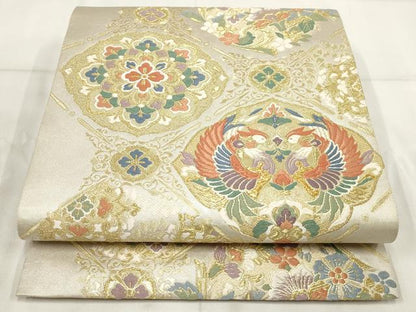 平和屋着物▼六通柄袋帯　花鳥菱文　金糸　正絹　逸品　AABH1442wj