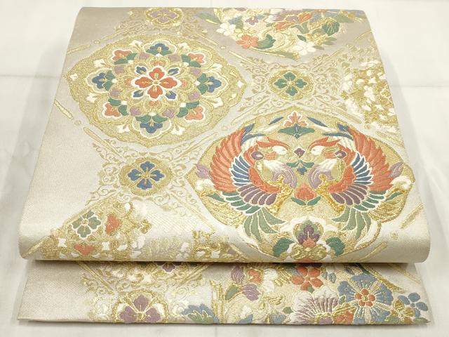 平和屋着物▼六通柄袋帯　花鳥菱文　金糸　正絹　逸品　AABH1442wj