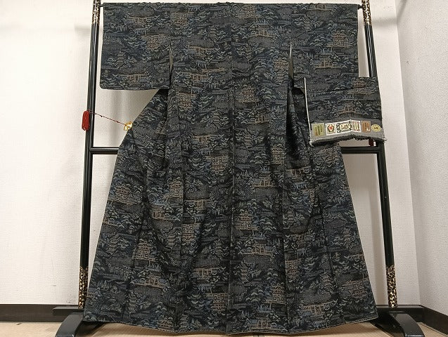 平和屋着物●本場真綿結城紬　風景松文　さが美扱い　証紙付き　正絹　逸品　未使用　AABH3842ph
