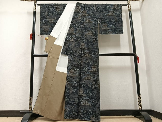 平和屋着物●本場真綿結城紬　風景松文　さが美扱い　証紙付き　正絹　逸品　未使用　AABH3842ph