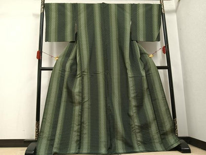 平和屋着物●花織　紬　格子　ロング丈　正絹　逸品　AABH3845ph