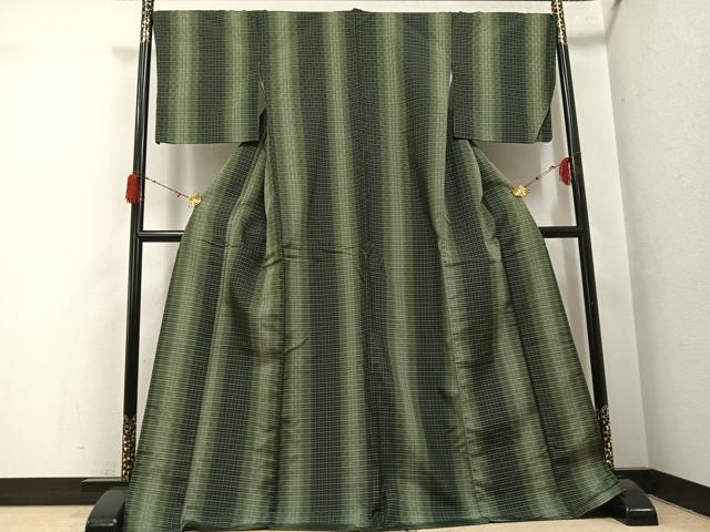 平和屋着物●花織　紬　格子　ロング丈　正絹　逸品　AABH3845ph