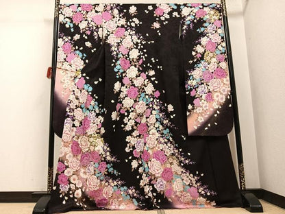 平和屋着物●豪華振袖　刺繍　舞花文　暈し染め　金彩　正絹　逸品　AABH3868ph