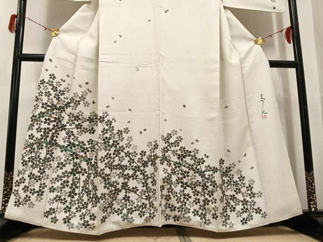平和屋着物●友禅作家の巨匠　浅井青仁　訪問着　お召地　桜　金彩　正絹　逸品　AABH3853ph