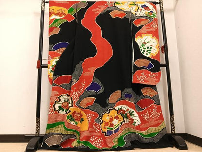 平和屋着物●豪華振袖　駒刺繍　絞り　地紙雪輪草花吉祥群れ鶴文　黒地　金彩　鬼しぼ縮緬　ロング丈　正絹　逸品　AABH3857ph
