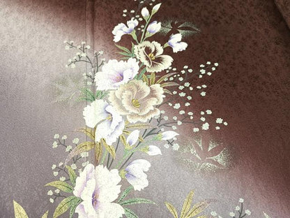 平和屋着物●訪問着　刺繍　草花文　暈し染め　濃色　金銀彩　正絹　逸品　AABH3869ph