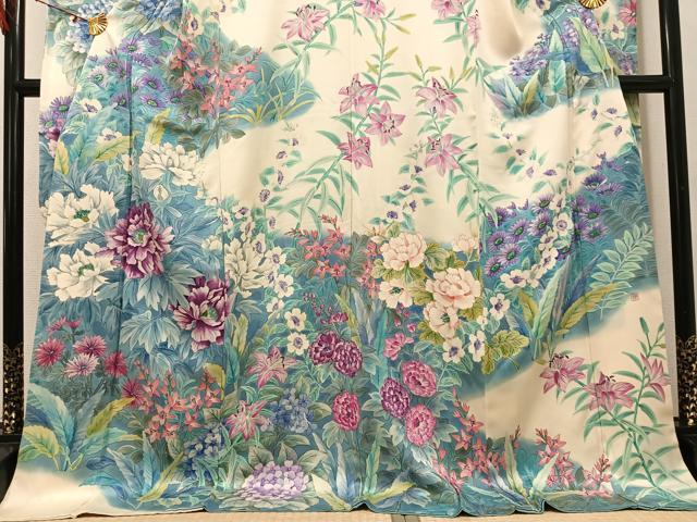 平和屋着物●豪華振袖　作家物　手描き　草花文　暈し染め　ロング丈　正絹　逸品　AABH3867ph