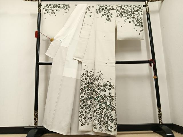 平和屋着物●友禅作家の巨匠　浅井青仁　訪問着　お召地　桜　金彩　正絹　逸品　AABH3853ph