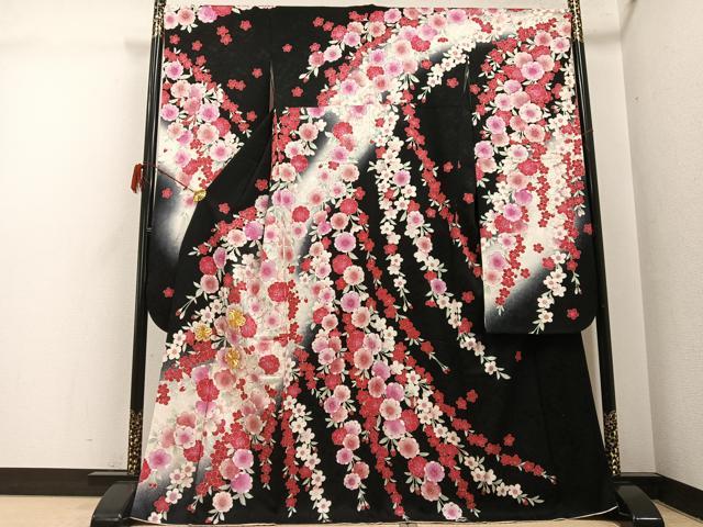 平和屋着物●豪華振袖　駒刺繍　夜桜文　暈し染め　黒地　金彩　正絹　逸品　AABH3859ph