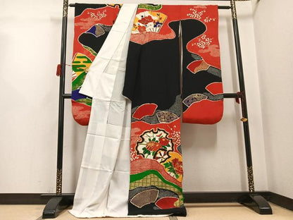 平和屋着物●豪華振袖　駒刺繍　絞り　地紙雪輪草花吉祥群れ鶴文　黒地　金彩　鬼しぼ縮緬　ロング丈　正絹　逸品　AABH3857ph