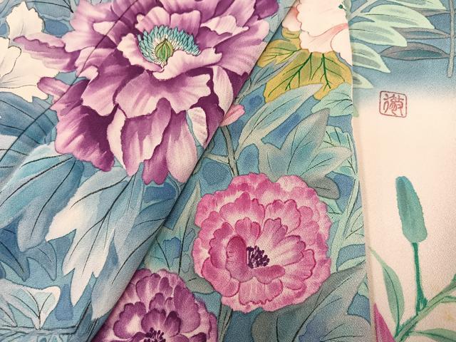 平和屋着物●豪華振袖　作家物　手描き　草花文　暈し染め　ロング丈　正絹　逸品　AABH3867ph