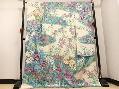 平和屋着物●豪華振袖　作家物　手描き　草花文　暈し染め　ロング丈　正絹　逸品　AABH3867ph