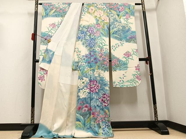 平和屋着物●豪華振袖　作家物　手描き　草花文　暈し染め　ロング丈　正絹　逸品　AABH3867ph