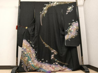 平和屋着物●豪華振袖　辻が花　絞り　暈し染め　黒地　金彩　金通し地　正絹　逸品　AABH3871ph
