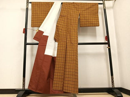 平和屋着物●上質な紬　格子　正絹　逸品　AABH3858ph