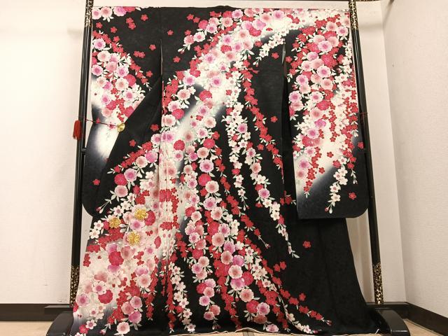 平和屋着物●豪華振袖　駒刺繍　夜桜　暈し染め　黒地　金彩　正絹　逸品　AABH3860ph