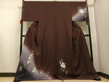 平和屋着物●訪問着　刺繍　草花文　暈し染め　濃色　金銀彩　正絹　逸品　AABH3869ph
