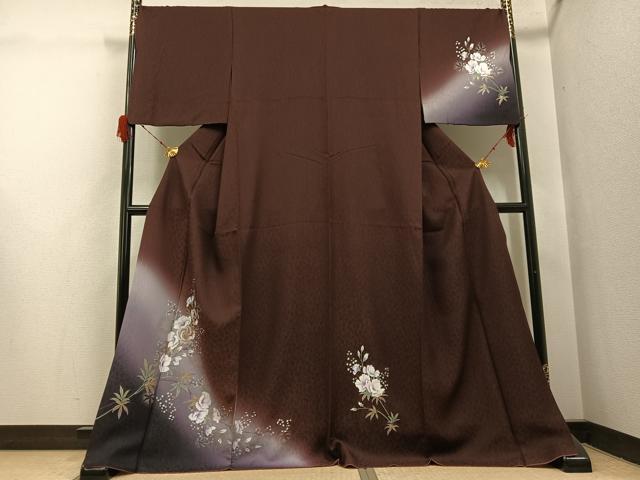 平和屋着物●訪問着　刺繍　草花文　暈し染め　濃色　金銀彩　正絹　逸品　AABH3869ph