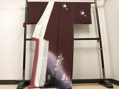 平和屋着物●訪問着　刺繍　草花文　暈し染め　濃色　金銀彩　正絹　逸品　AABH3869ph