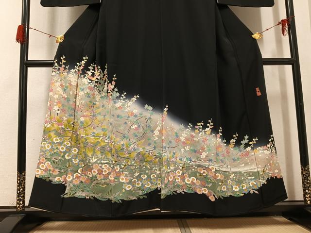 平和屋着物●本加賀友禅作家　百貫華峰　黒留袖　花鳥文　暈し染め　正絹　逸品　AABH3880ph