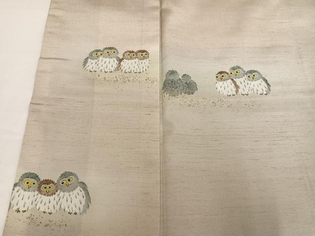 平和屋着物●訪問着　作家物　和歌　紬地　手描き　フクロウ　正絹　逸品　AABH4041ph