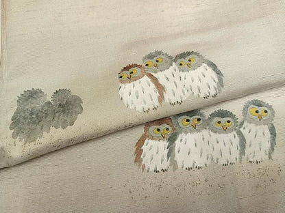 平和屋着物●訪問着　作家物　和歌　紬地　手描き　フクロウ　正絹　逸品　AABH4041ph
