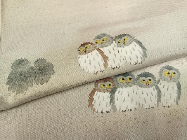 平和屋着物●訪問着　作家物　和歌　紬地　手描き　フクロウ　正絹　逸品　AABH4041ph